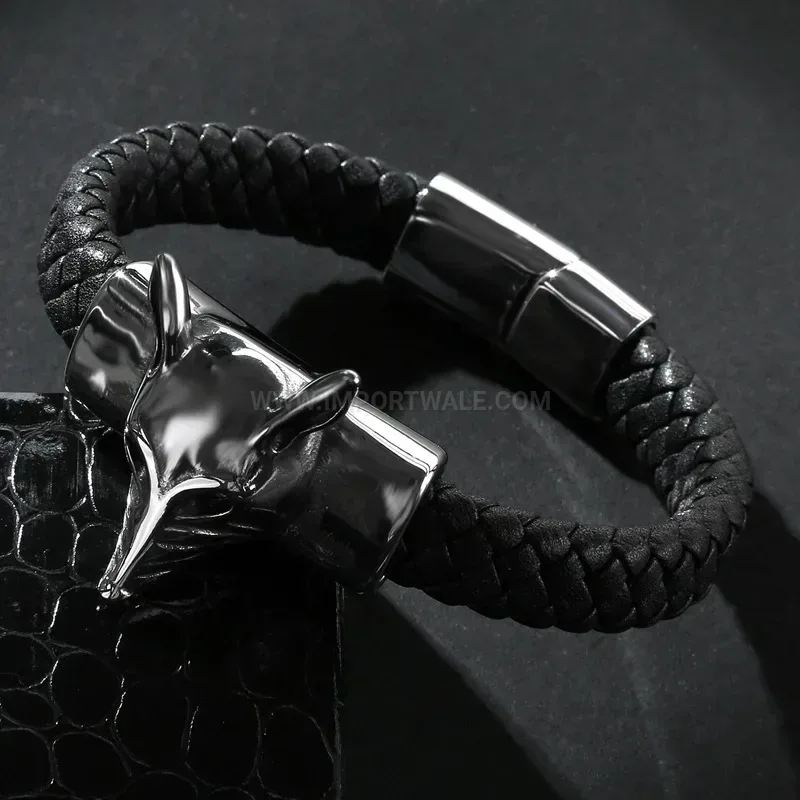 Chic Fox Charm Genuine Leather Stainless Steel Men Bracelet