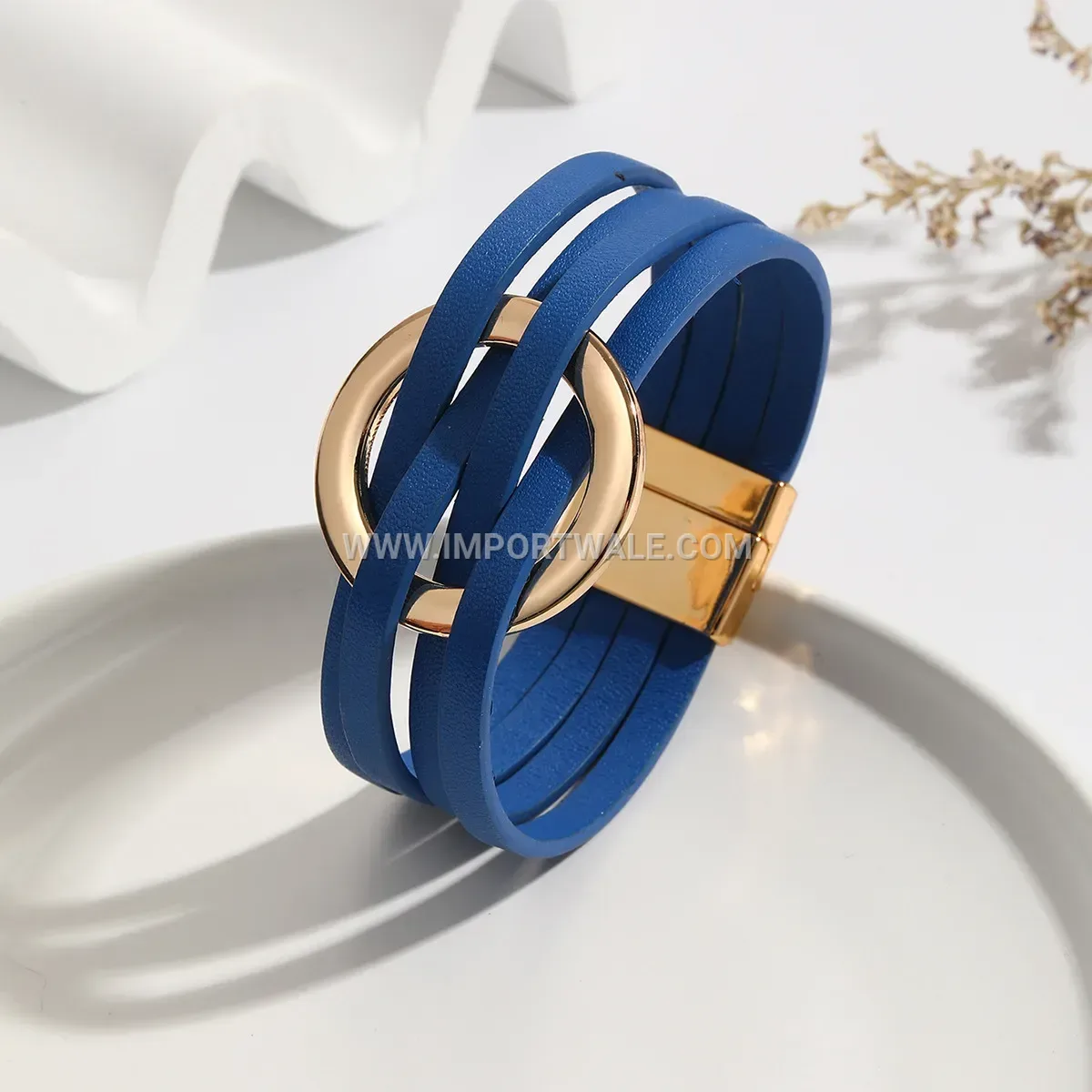 Layered Alloy and Leather Cuff Bracelet with O-Ring Clasp