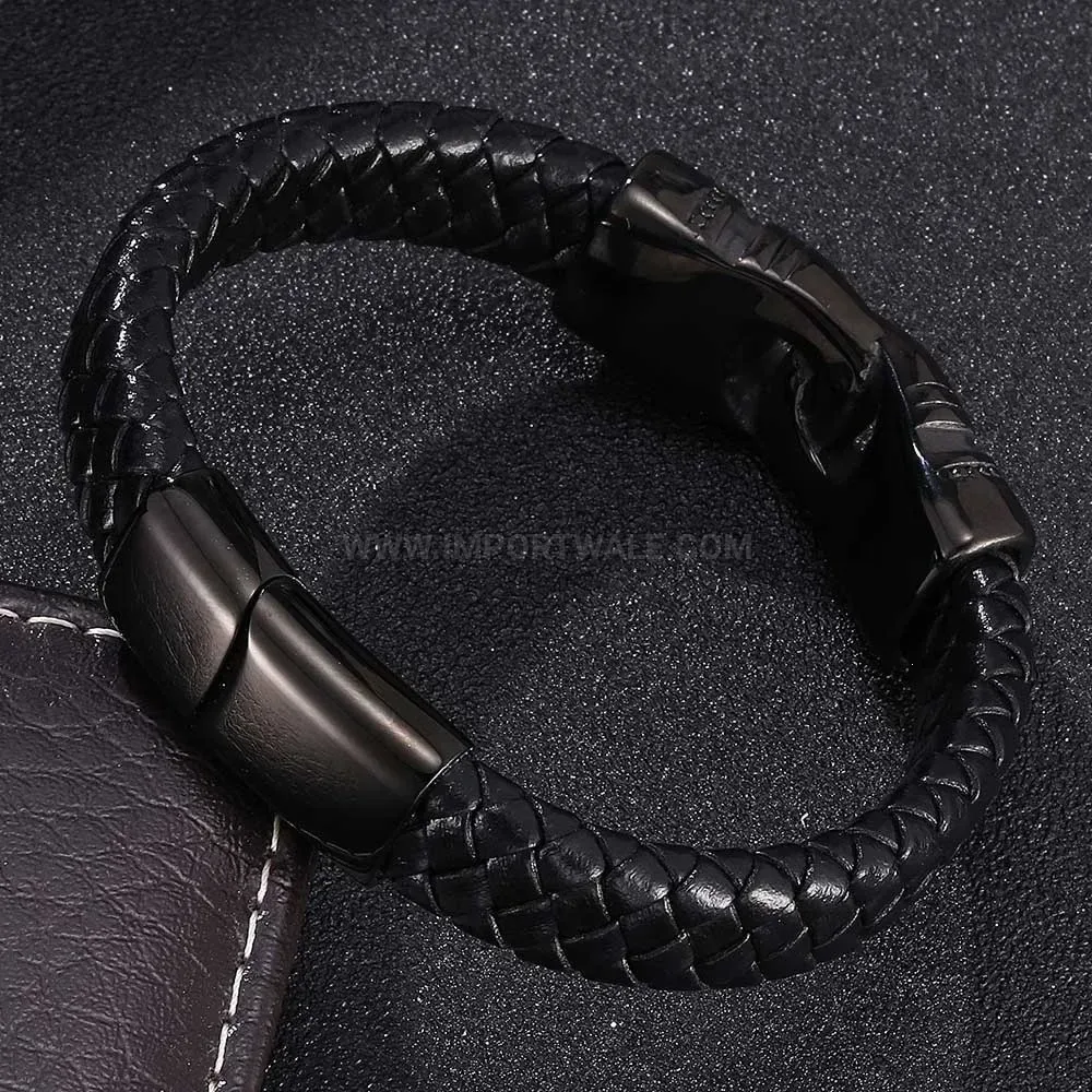 Handcrafted Black Braided Leather Bracelet With Black Stainless Steel