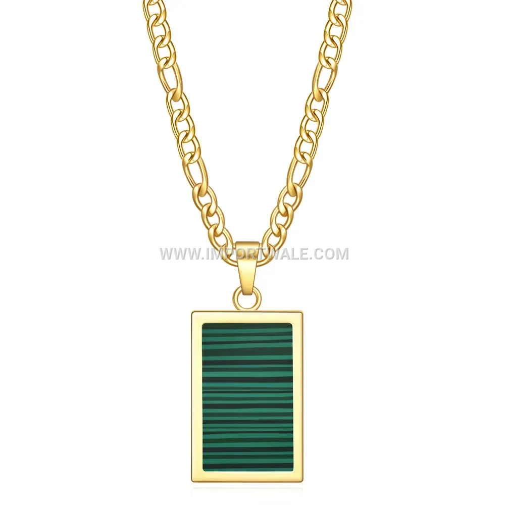 Rectangular Shell and Agate Stainless Steel Pendant Necklace