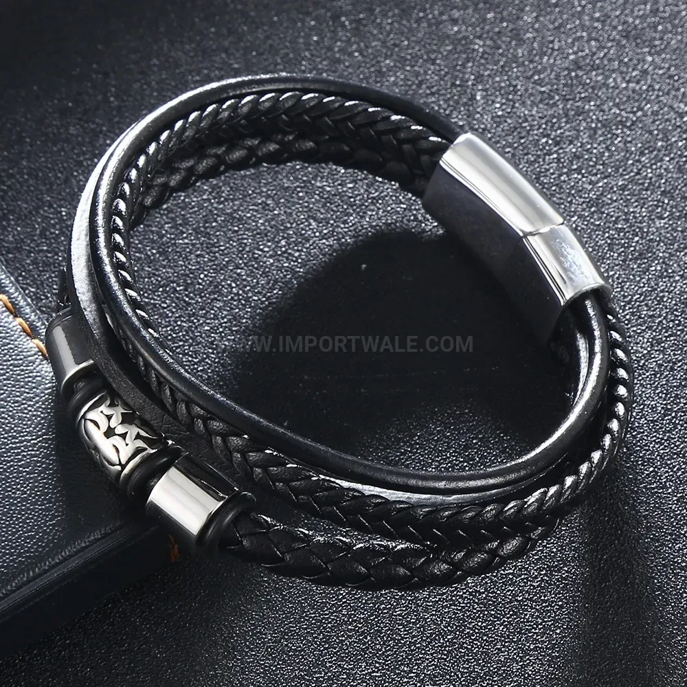Multi Strand Woven Leather Bracelet with Stainless Steel Clasp
