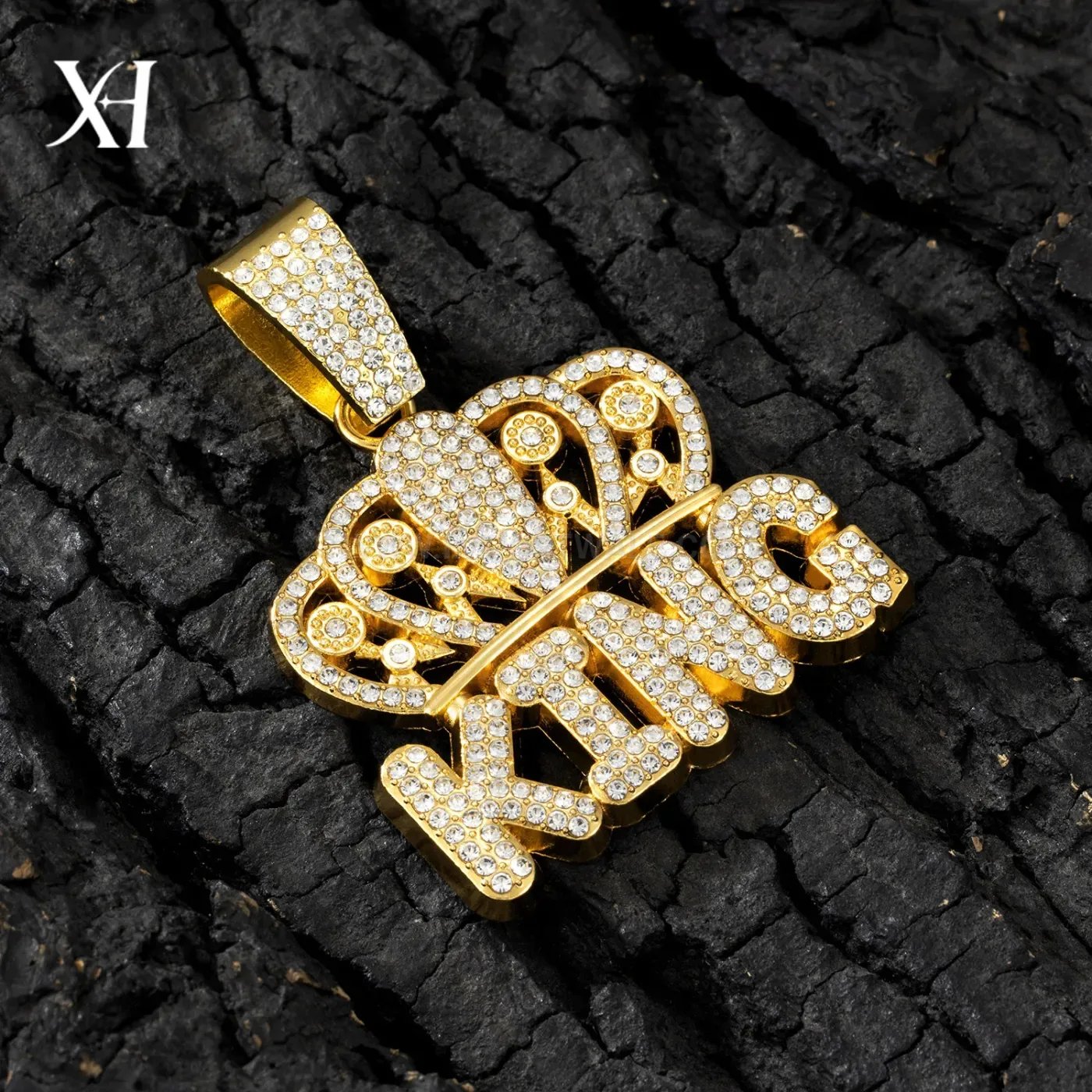 Crowned KING Letter Iced Out Hip Hop Pendant