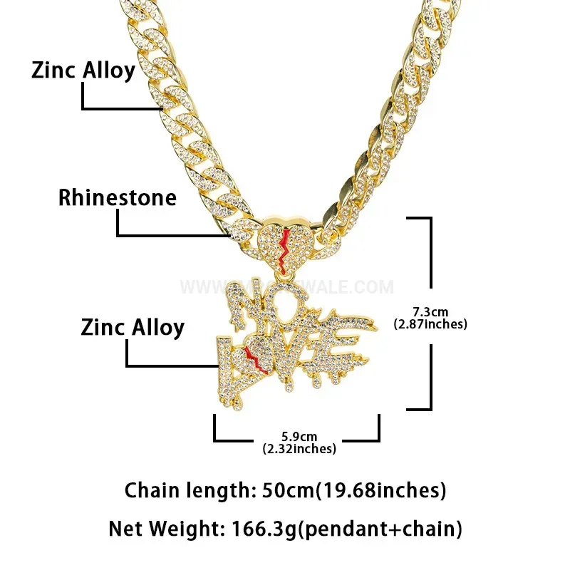 Full Rhinestone Letter Heart Patchwork Hip Hop Cuban Chain Pendant