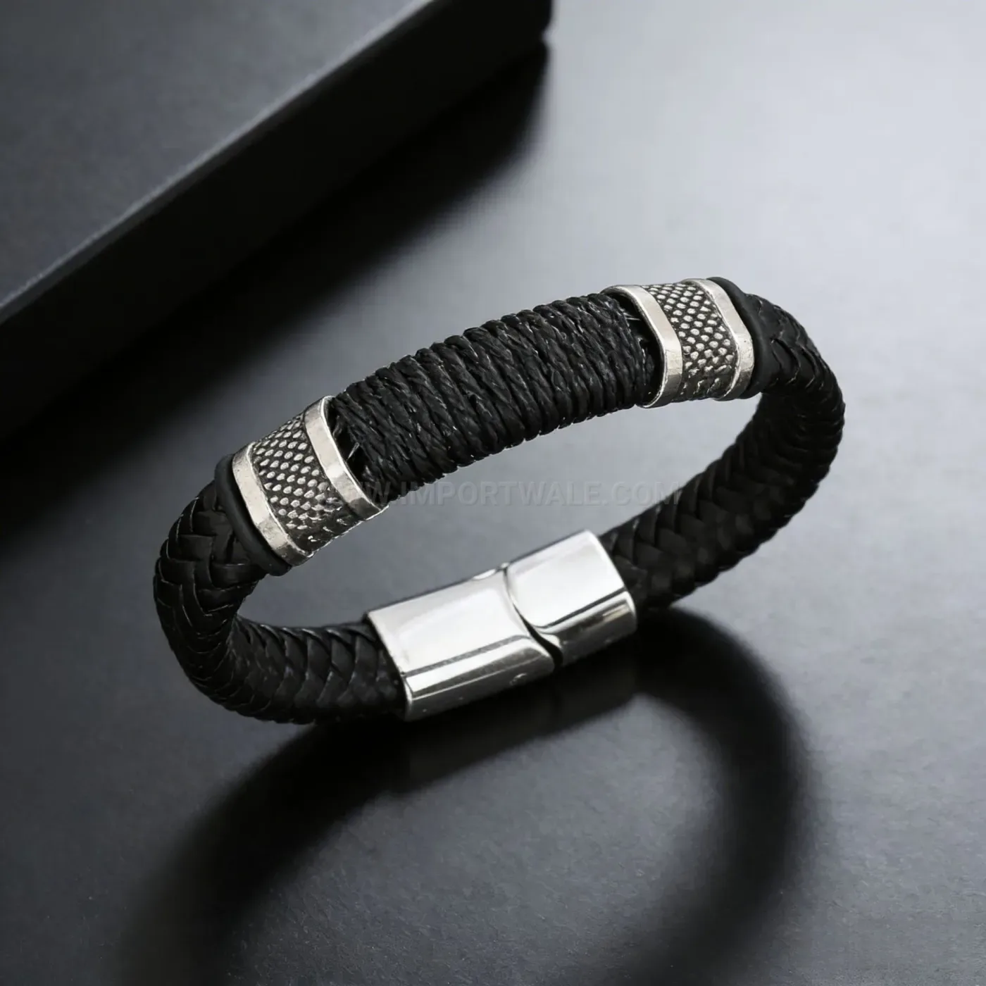 Modern Sleek Black Leather Cord Bracelet with Magnetic Clasp