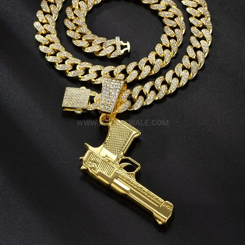 Classic Rhinestone Handgun Pendant Thick Cuban Link Chain