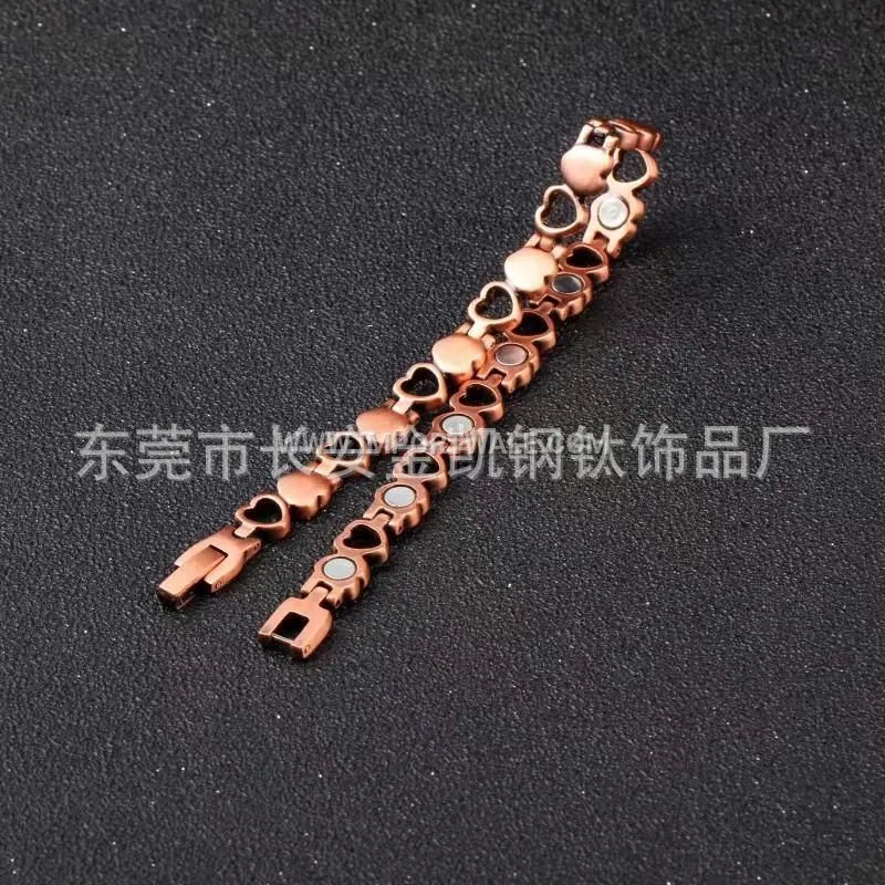 Polished Red Copper Double Heart Link Bio Magnetic Bracelet