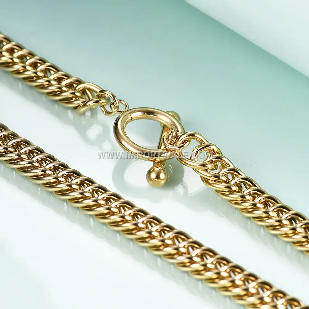 Gold Plated Stainless Steel Cuban Chain OT Clasp Statement Necklace