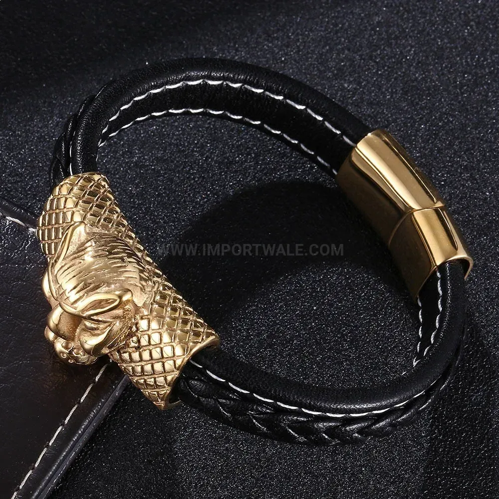 Gold-Tone Stainless Steel Magnetic Clasp Microfiber Leather Wristband