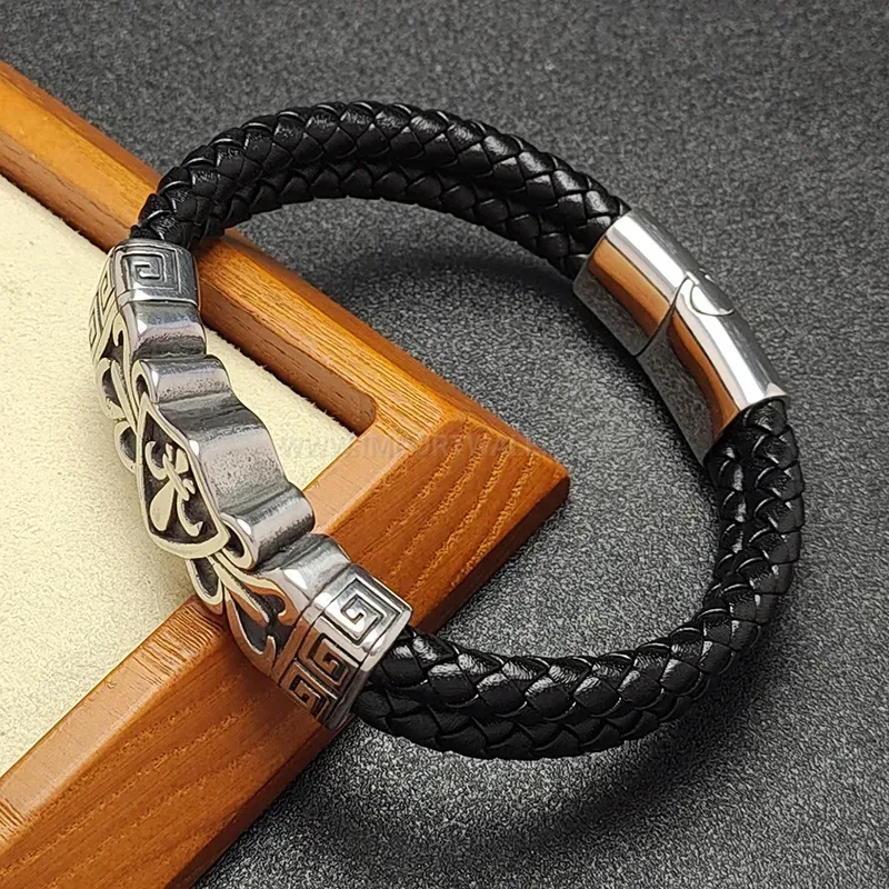Modern Engraved Stainless Steel Dual-Tone Leather Men's Bracelet