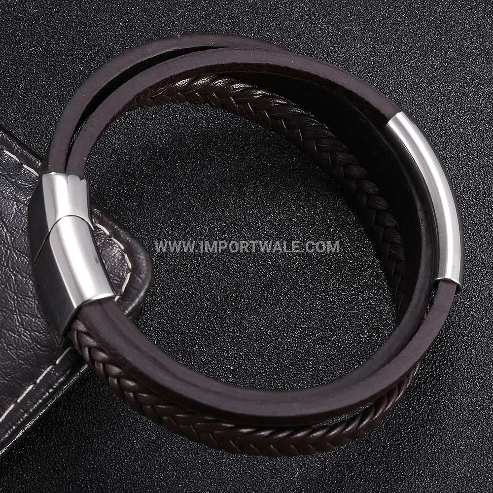 Multi Layer Brown Leather Wrap Bracelet with Stainless Steel Magnetic Clasp