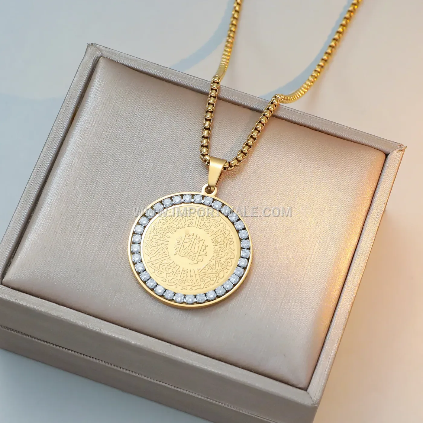 Gold Plated Stainless Steel Arabic Calligraphy Zircon Pendant Necklace