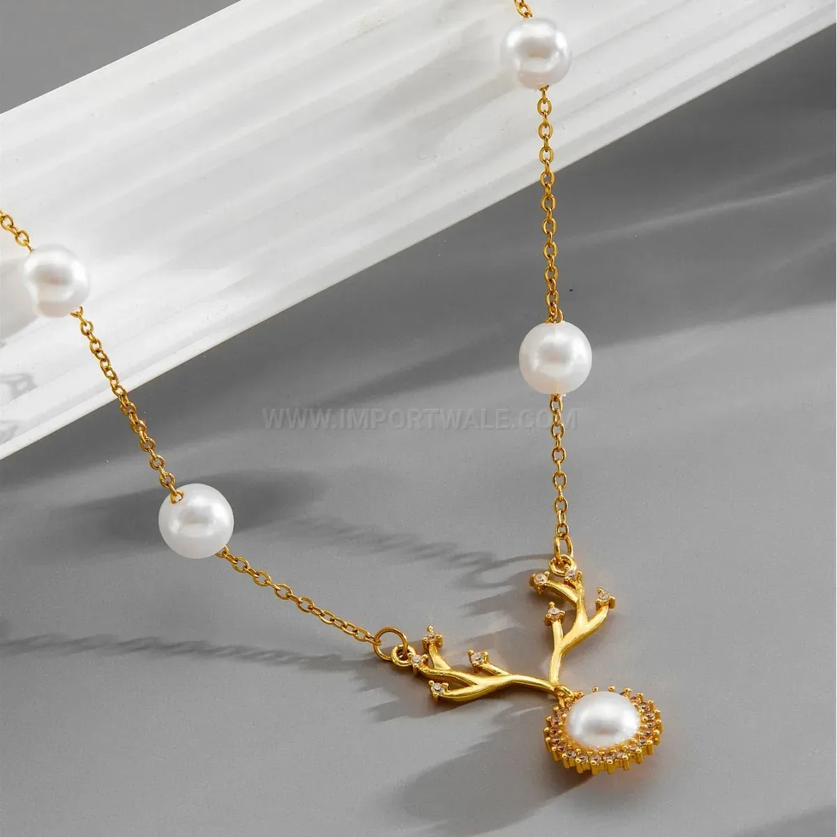 Premium Gold Plated Antler Pendant Necklace with Pearl Accent and Zirconia