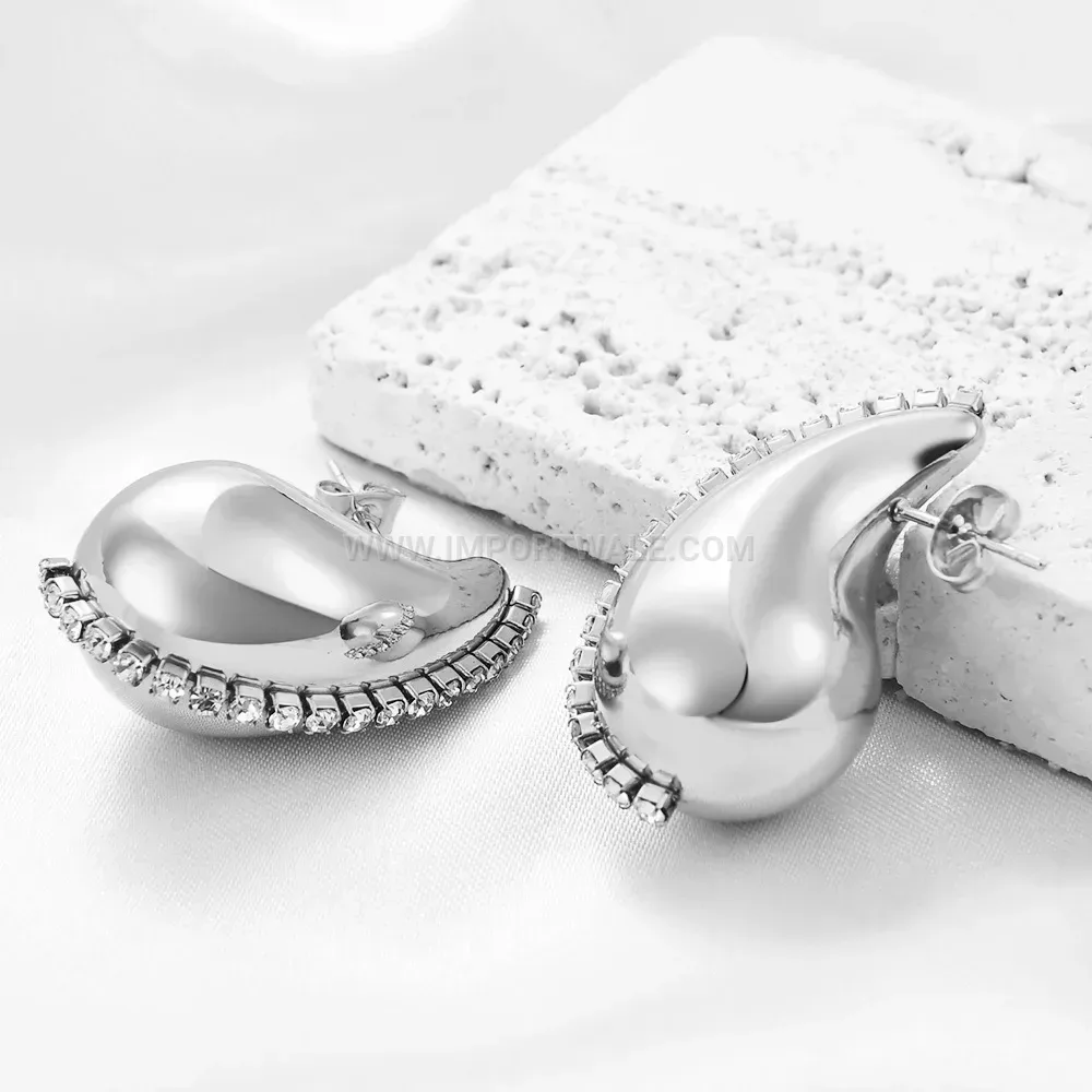 Hollow Teardrop Stainless Steel Stud Earrings with Zircon Accent