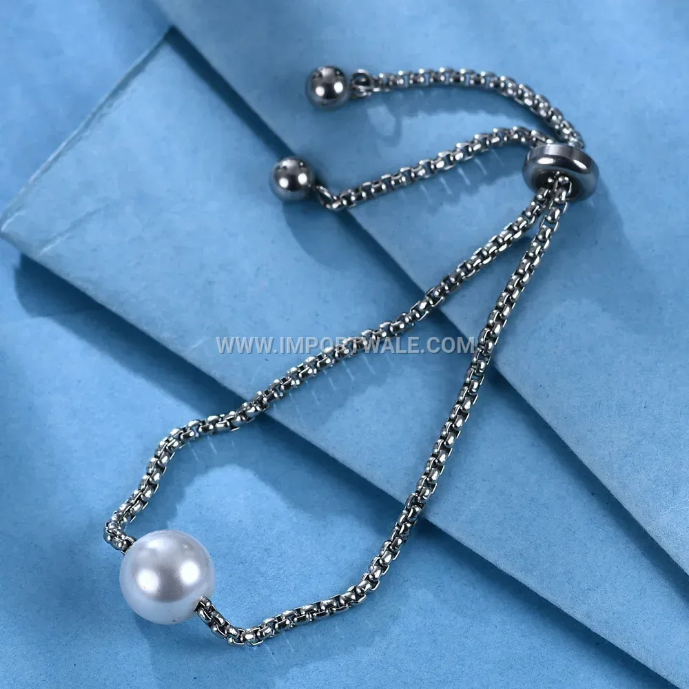 Adjustable Stainless Steel Pearl Station Chain Bracelet