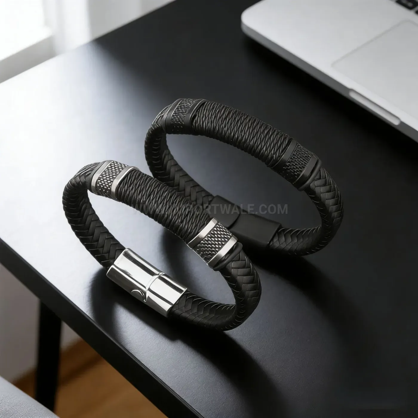 Modern Sleek Black Leather Cord Bracelet with Magnetic Clasp