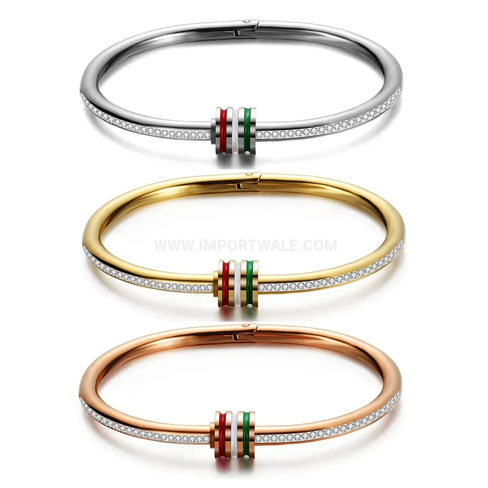 Premium Rhinestone Accent Striped Stainless Steel Bangle Bracelet