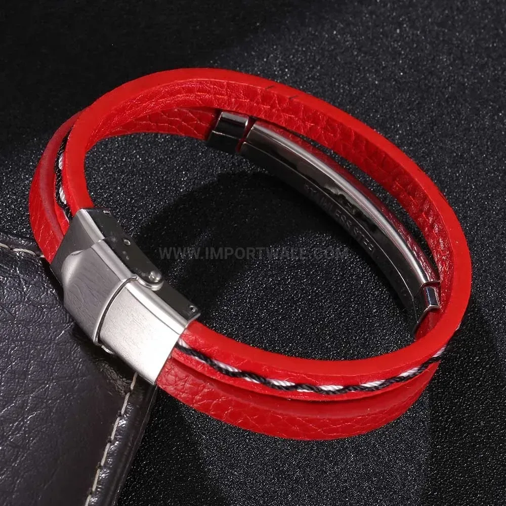 Braided Red Leather Bracelet with Curved Stainless Steel Bar