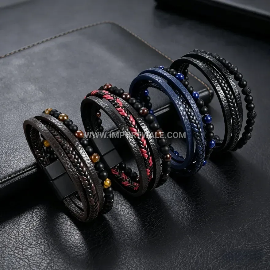 Multi-Strand Woven Leather Beaded Bracelet with Magnetic Clasp