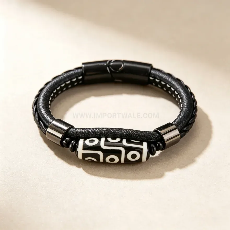 Classic Tibetan Dzi Bead Braided Leather Magnetic Steel Bracelet
