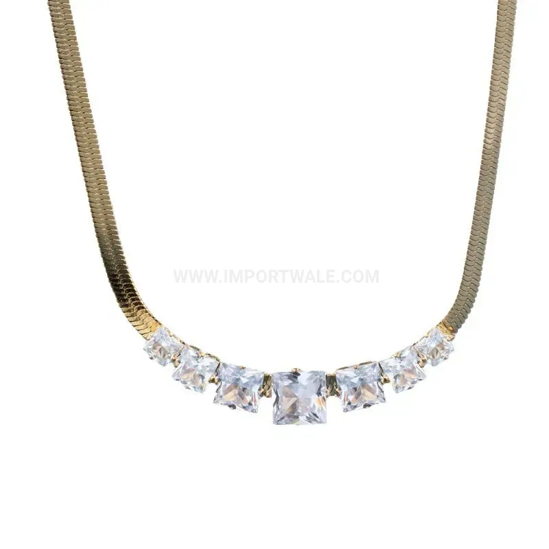 Premium Geometric Titanium Steel Cubic Zirconia Line Necklace