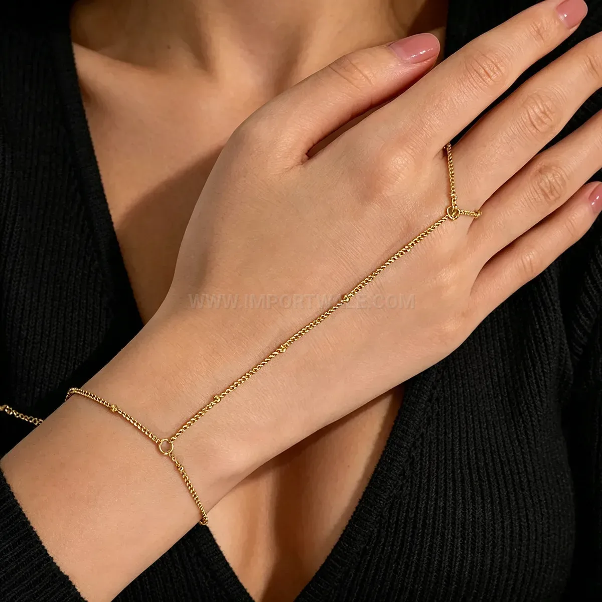 Multi Layer Bead Chain Gold Stainless Steel Hand Ring Bracelet