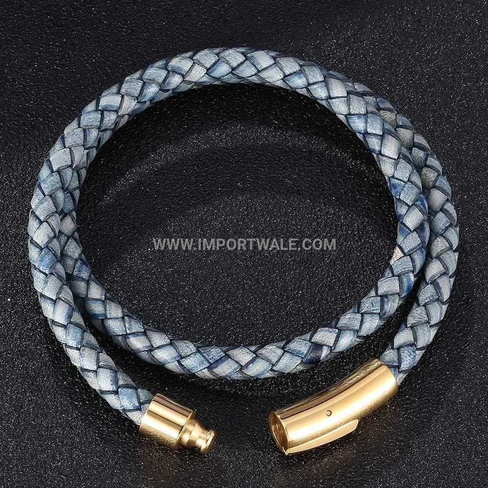 Double Wrap Vintage Leather Stainless Steel Gold Accented Cuff Bracelet