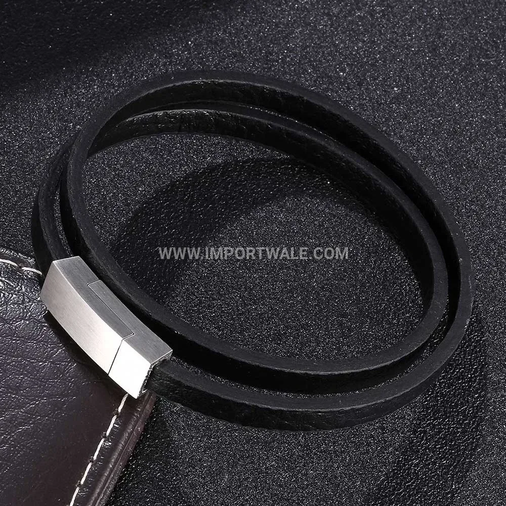 Multi Layer Black Leather Men Bracelet with Stainless Steel Accents
