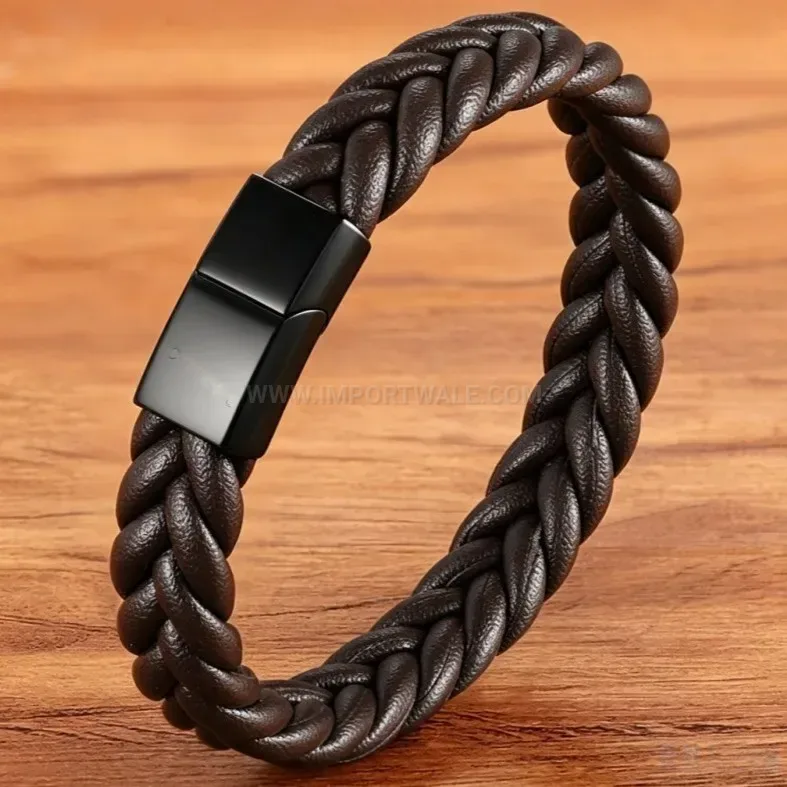 Bold Braided Brown Leather Wristband with Secure Magnetic Clasp
