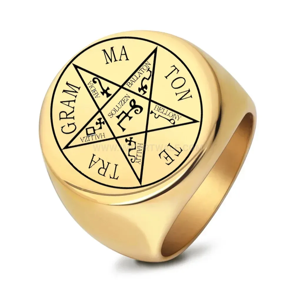 Bold Vintage Engraved Round Occult Stainless Steel Signet Ring
