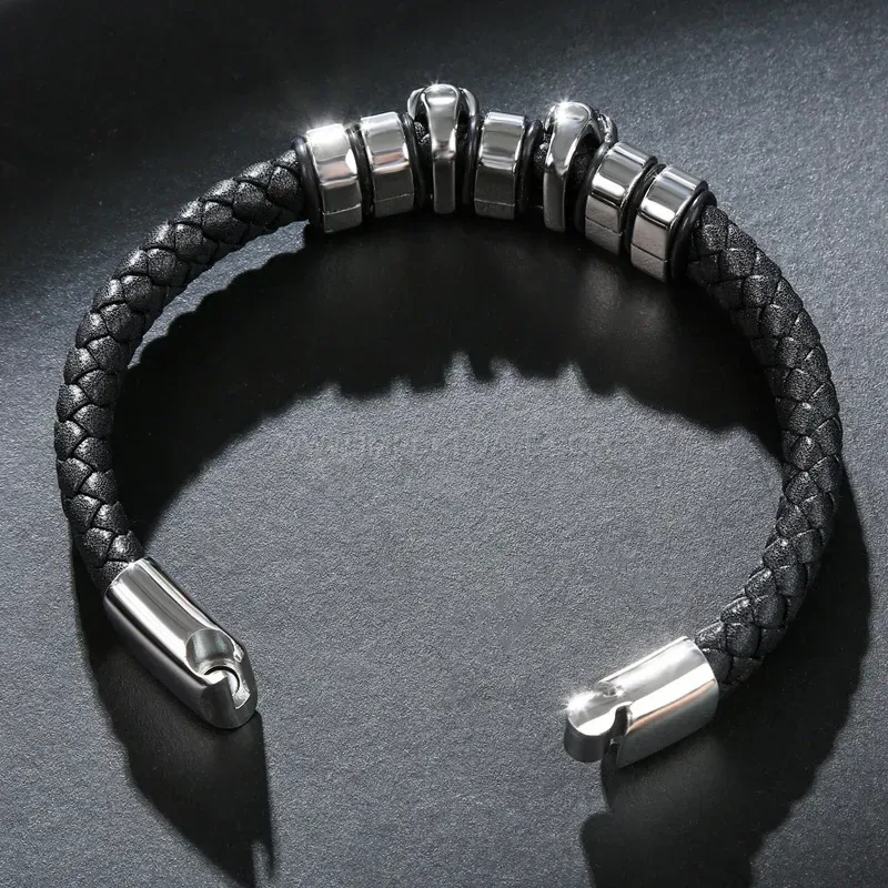 Stylish Braided Leather Skull Accent Bracelet with Stainless Steel Hardware