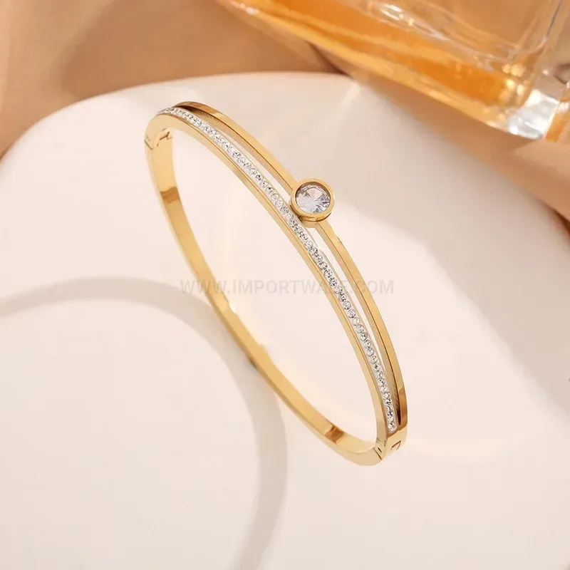 Bold Sparkling Crystal Open Cuff Titanium Steel Bangle