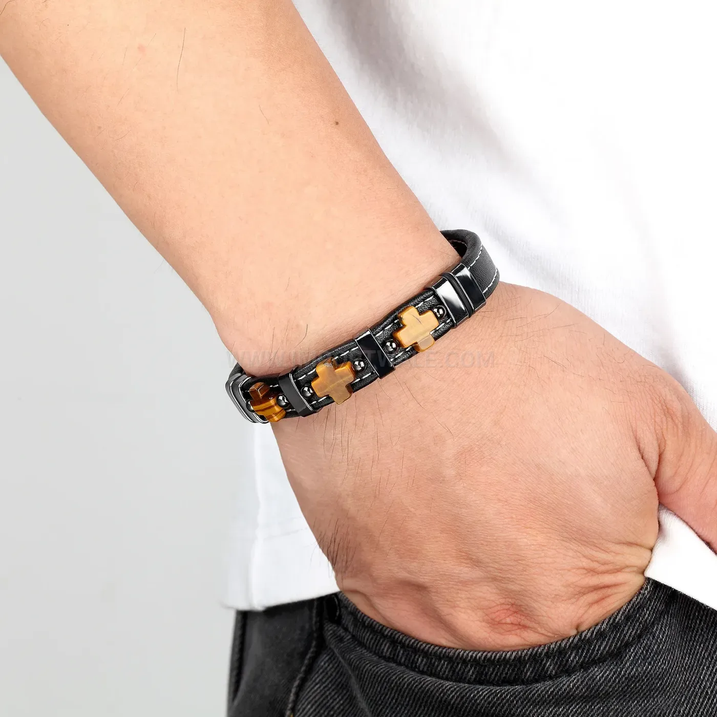 Vintage Leather Cross Stone Men's Stainless Steel Bracelet