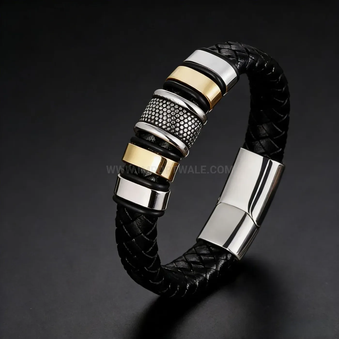 Elegant Woven Black Leather Cord Bracelet with Metallic Clasp