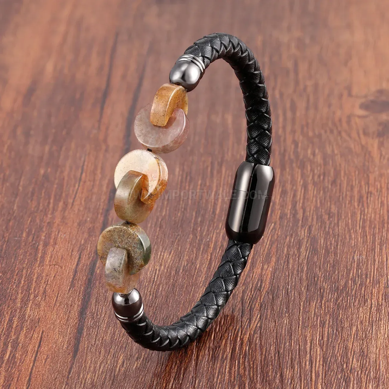 Braided Leather Stone Bracelet with Stainless Steel Clasp