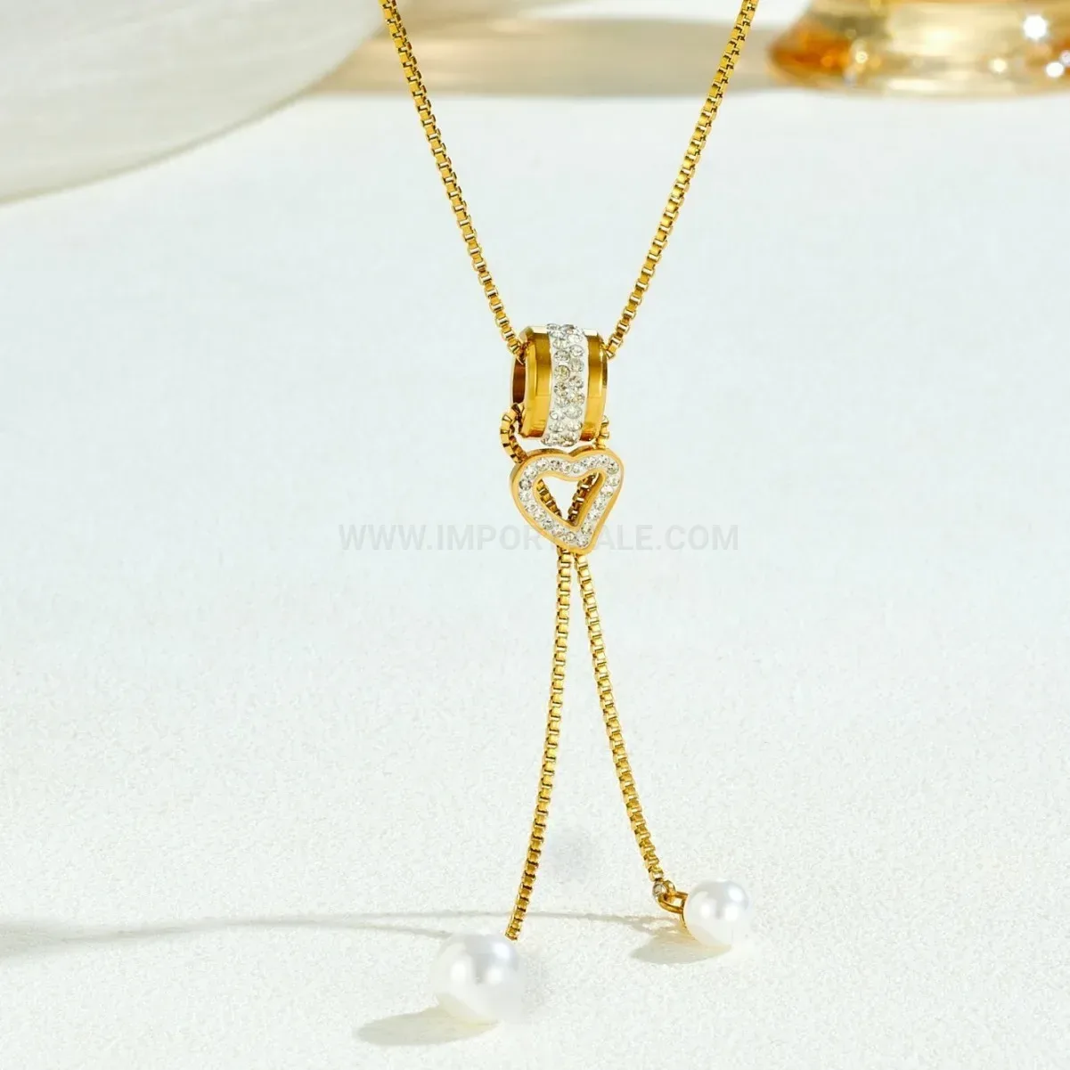 Rhinestone Heart Pendant Gold Plated Stainless Steel Box Chain Necklace