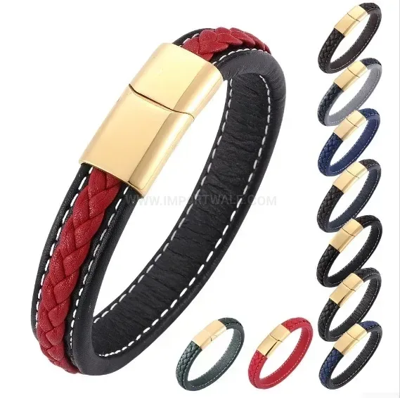 Gold Tone Stainless Steel Chain and Wrapped Leather Bracelet