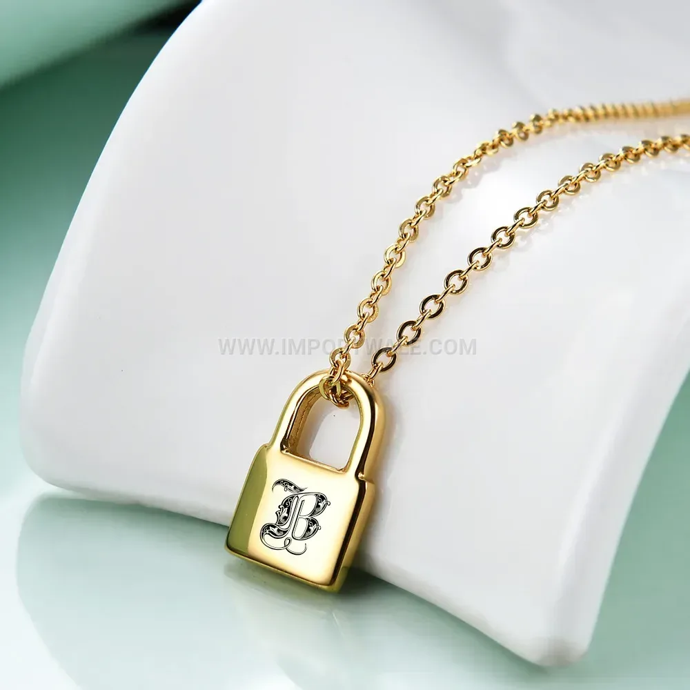 Engraved Initial Lock Stainless Steel Pendant Necklace