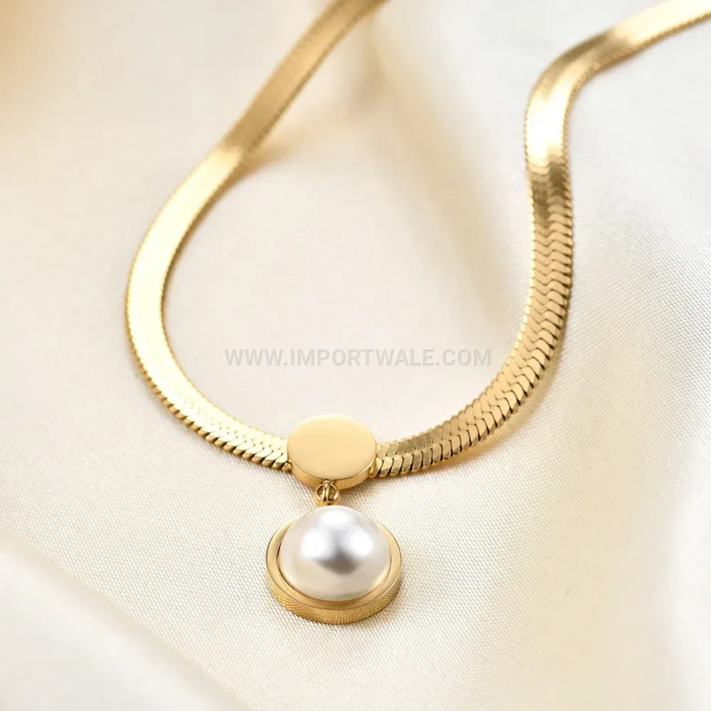 Flat Snake Chain Faux Pearl Stainless Steel Choker Necklace