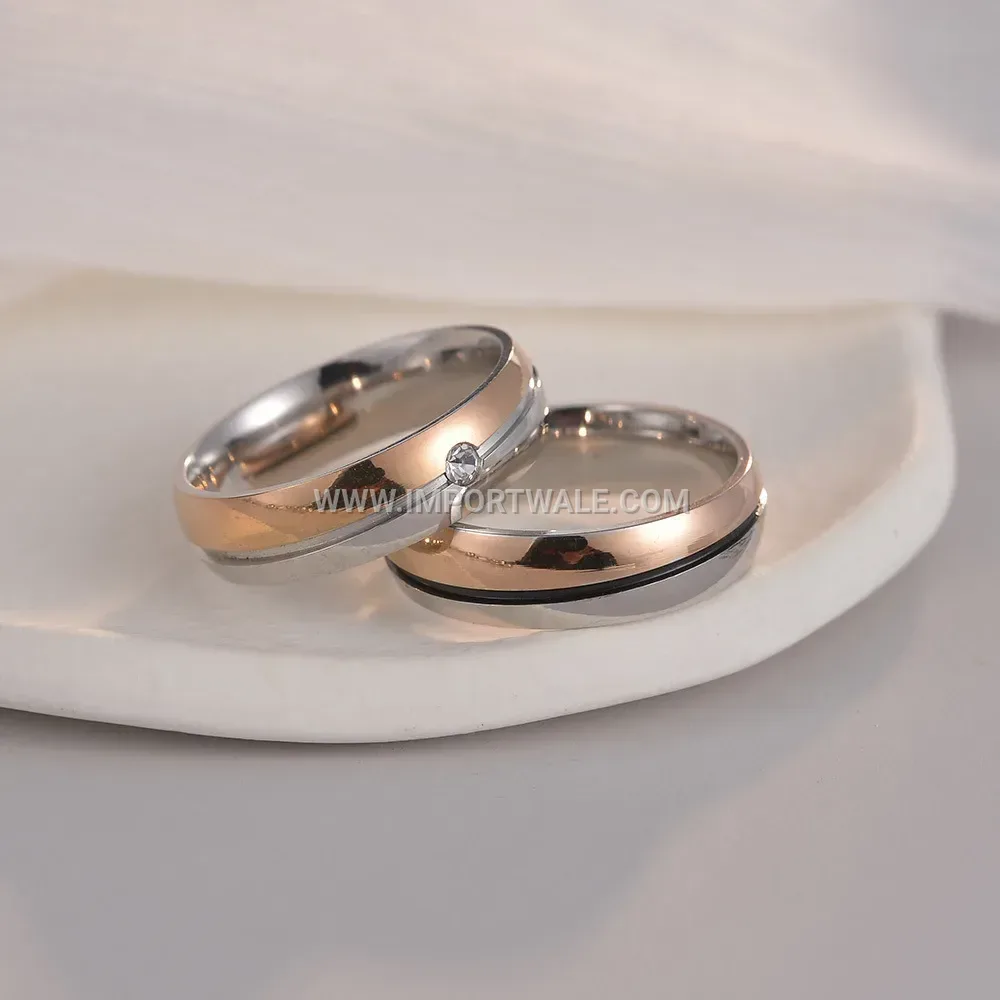 Stainless Steel Diagonal Line Electroplated Couple Ring Set
