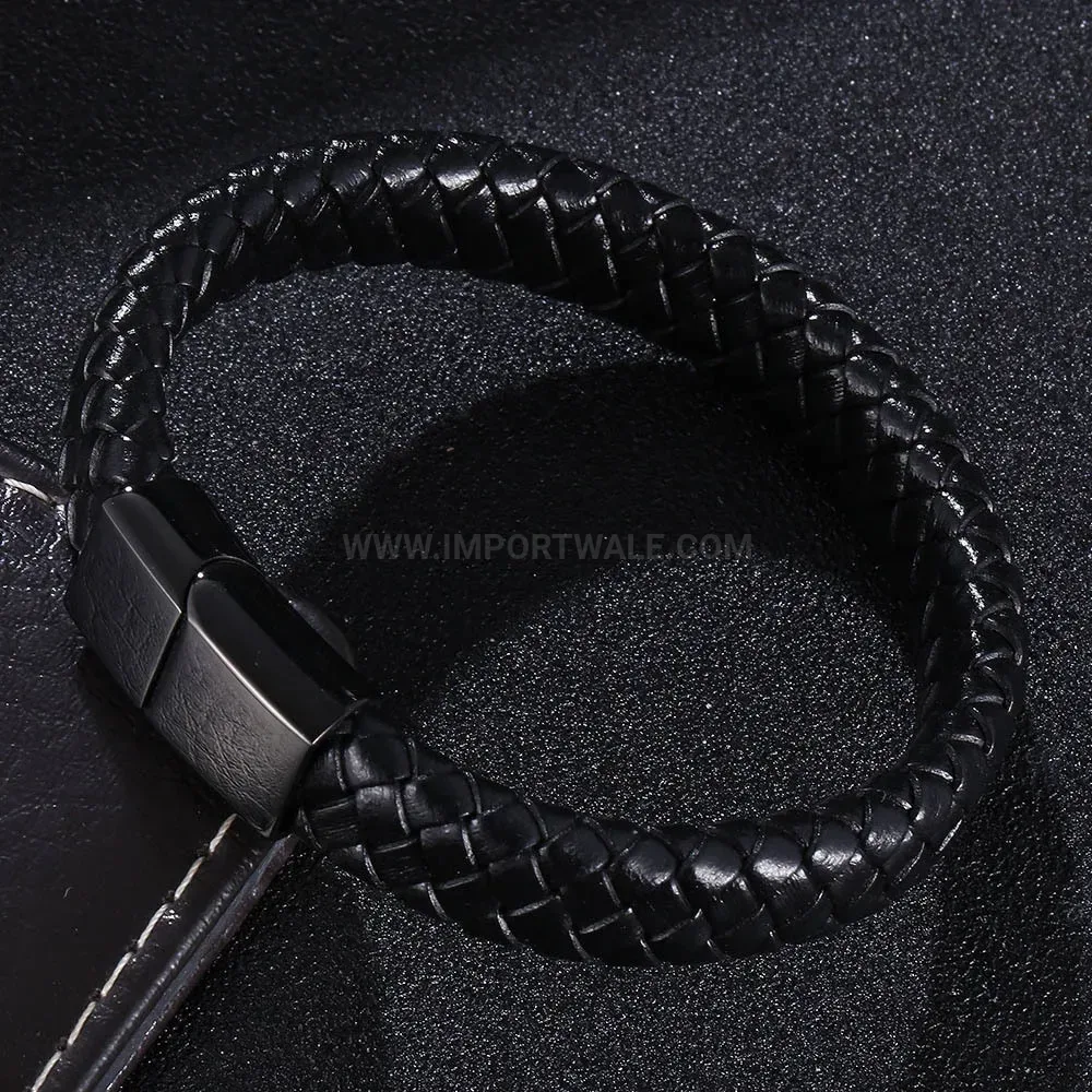 Streamlined Braided Leather Bracelet with Stainless Steel Magnetic Clasp
