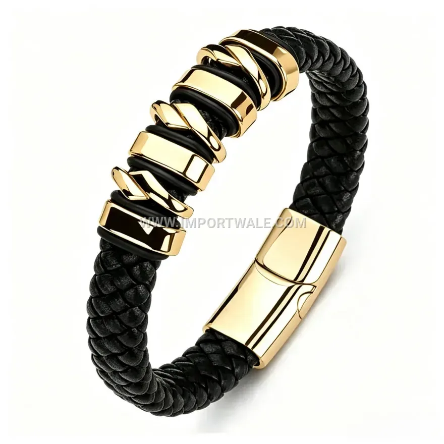Woven Leather Wrap Bracelet For Men With Alloy Magnetic Clasp
