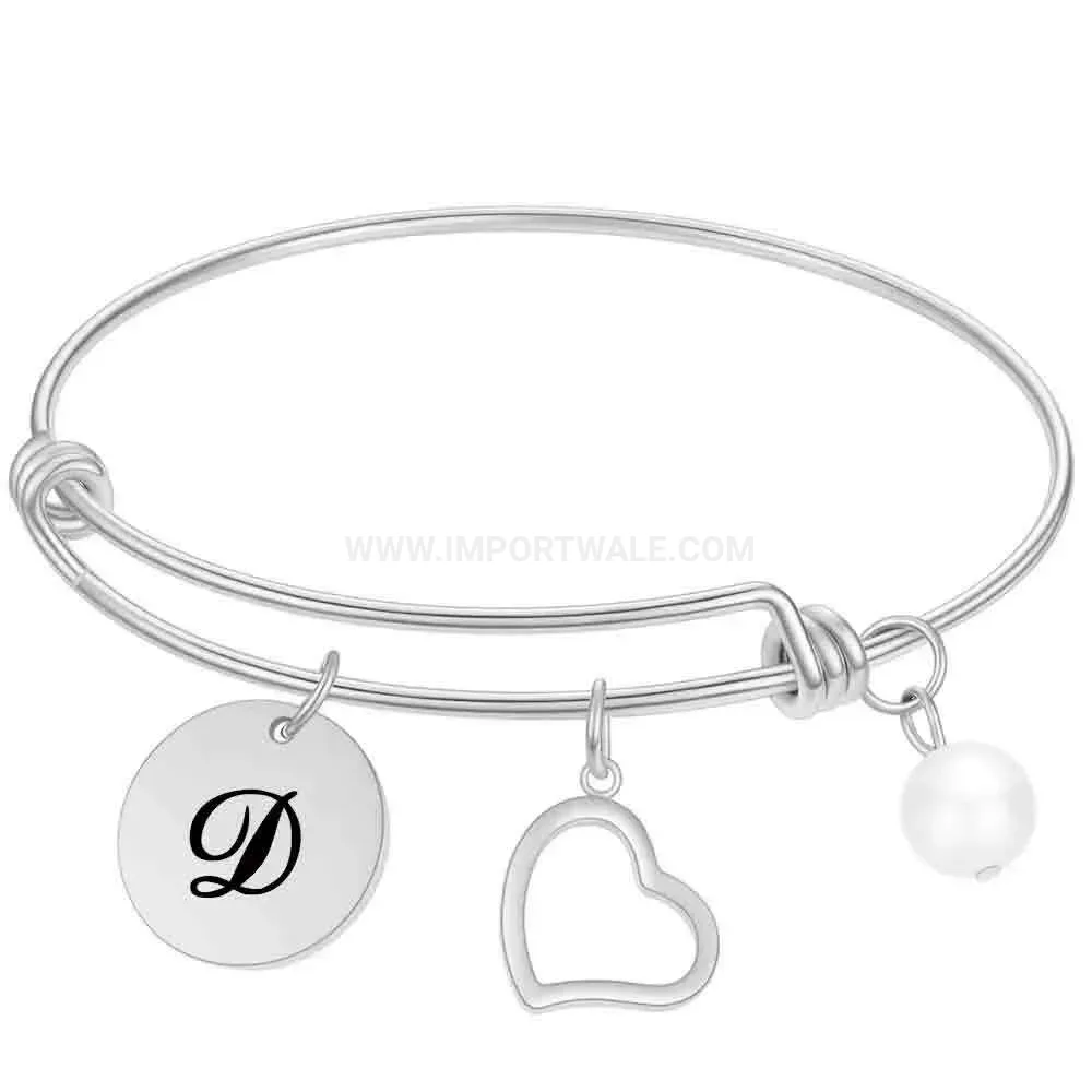 Fashion Adjustable Initial Charm Pearl Heart Stainless Steel Cuff Bangle