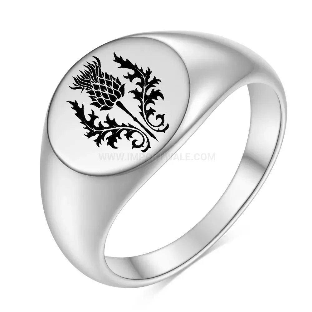 Designer Laser Engraved Milk Thistle Flower Round Stainless Steel Ring