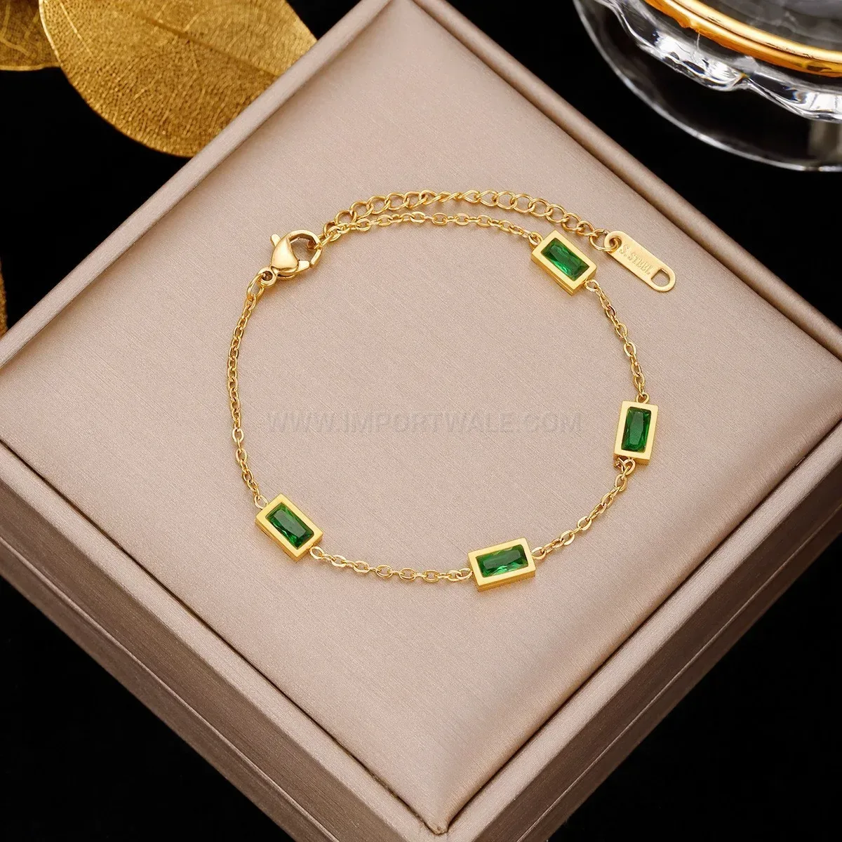 Emerald Zircon Gold Plated Titanium Steel Chain Bracelet