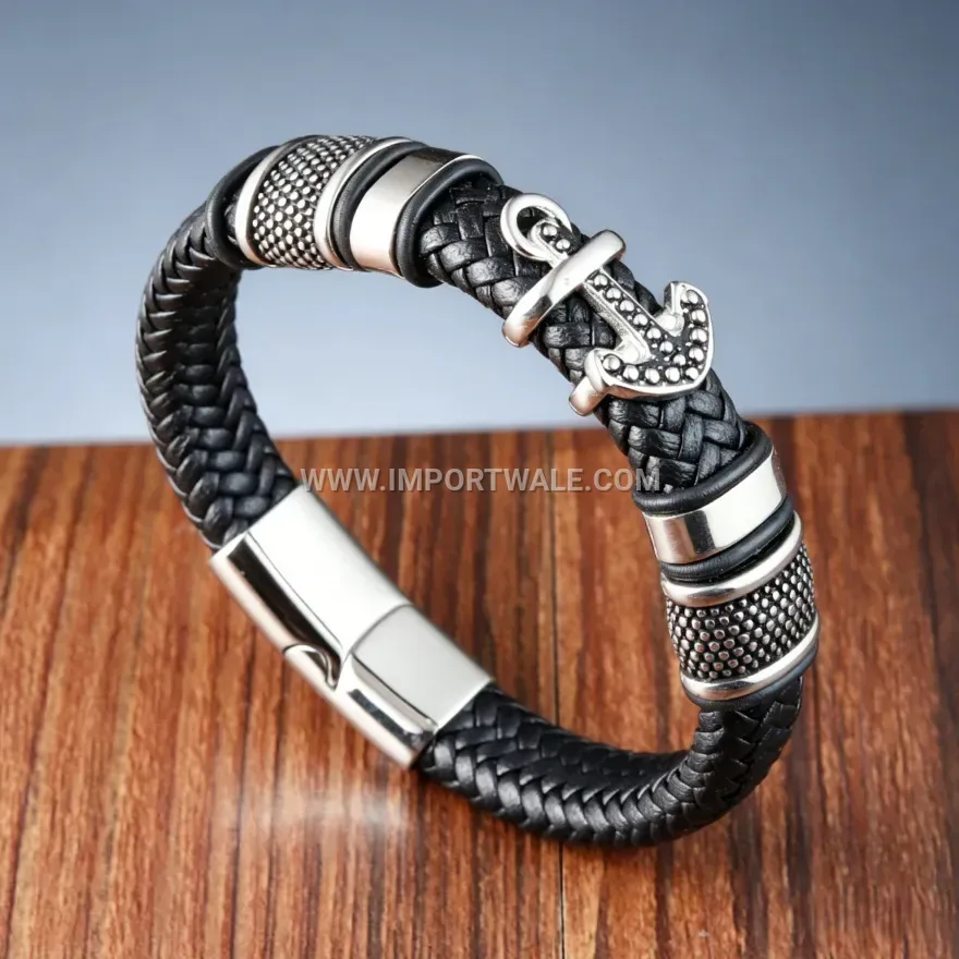 Nautical Anchor Braided Leather Wrap Bracelet