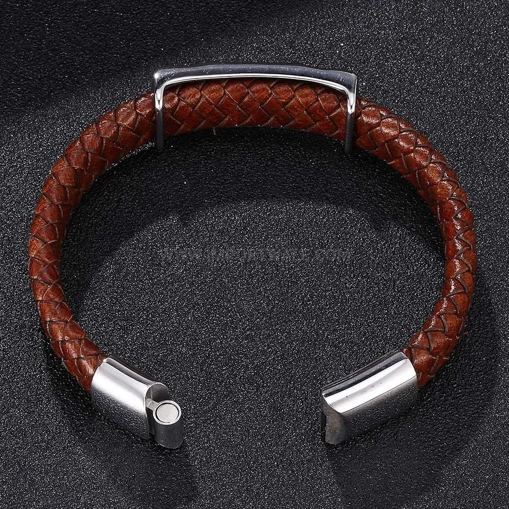 Modern Brown Leather Wristband with Stainless Steel Anchor Accent