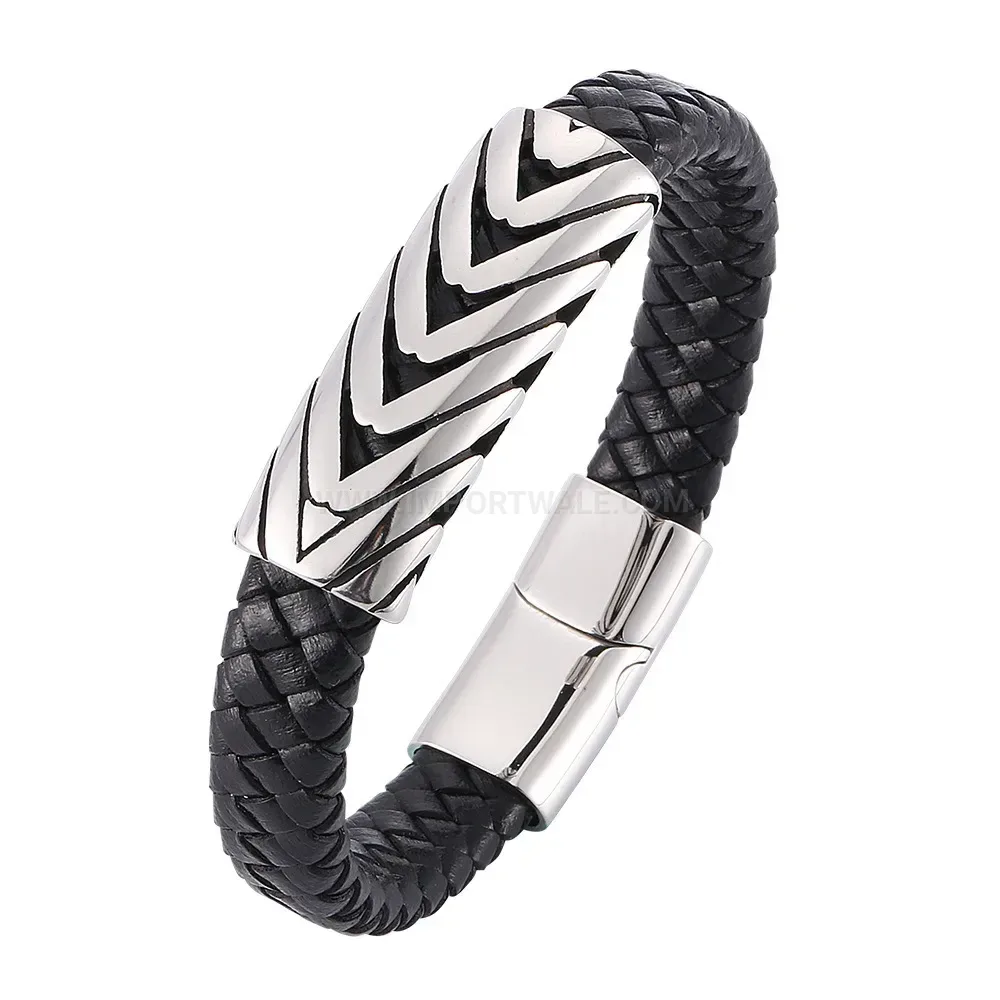 Black Leather Arrow Bracelet with Stainless Steel Clasp for Men