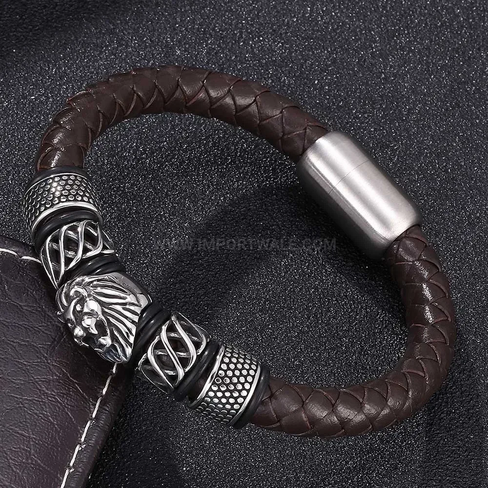Classic Braided Brown Leather Bracelet with Stainless Steel Lion Accent