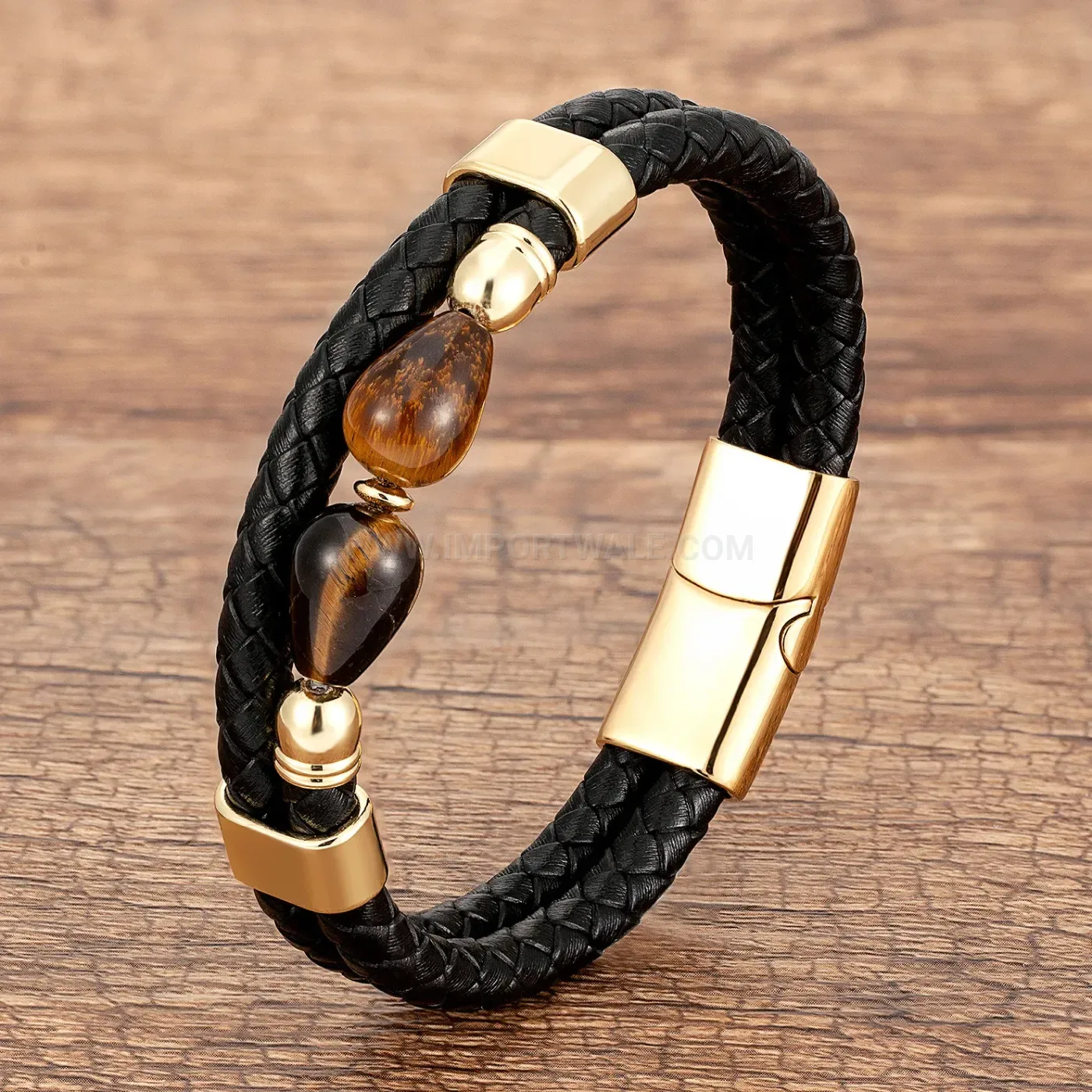 Double Band Braided Leather Wristband with Metallic Clasp