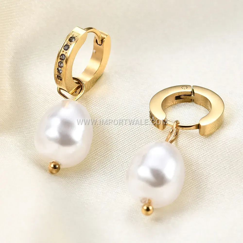 Stainless Steel Huggie Hoop Earrings with Faux Pearl Drop